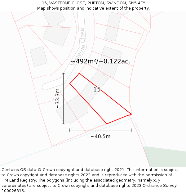 15, VASTERNE CLOSE, PURTON, SWINDON, SN5 4EY: Plot and title map