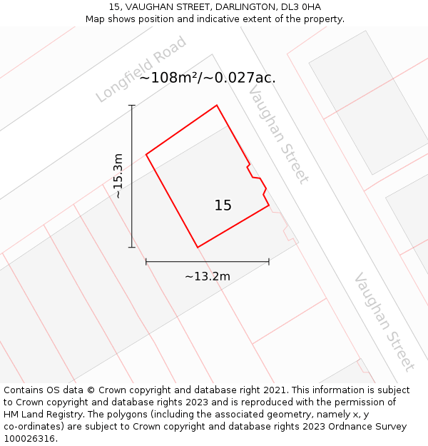 15, VAUGHAN STREET, DARLINGTON, DL3 0HA: Plot and title map