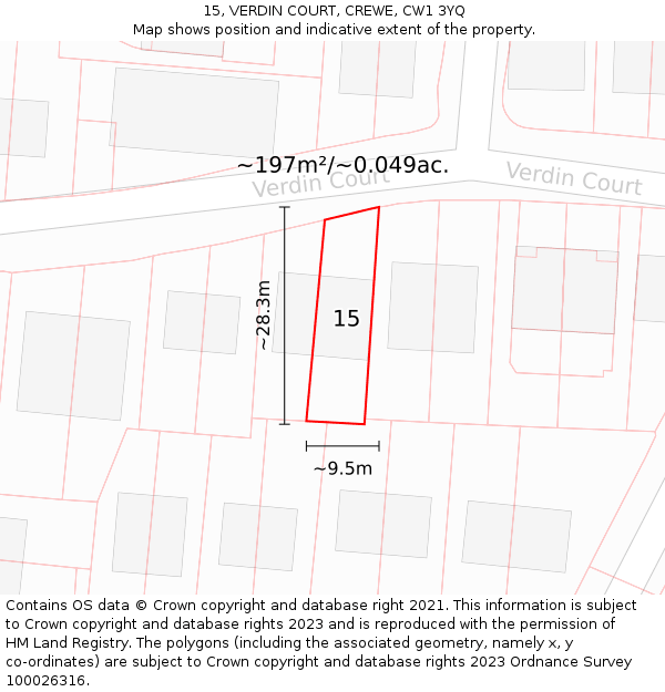 15, VERDIN COURT, CREWE, CW1 3YQ: Plot and title map