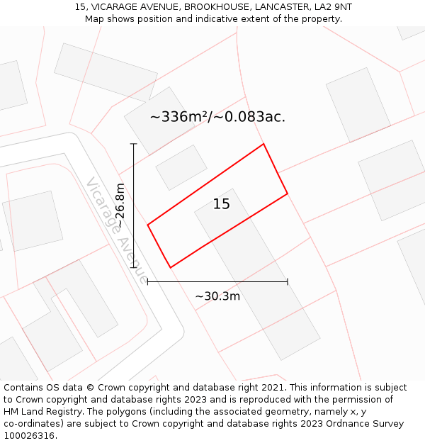 15, VICARAGE AVENUE, BROOKHOUSE, LANCASTER, LA2 9NT: Plot and title map