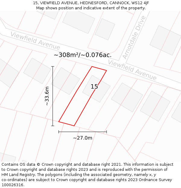 15, VIEWFIELD AVENUE, HEDNESFORD, CANNOCK, WS12 4JF: Plot and title map