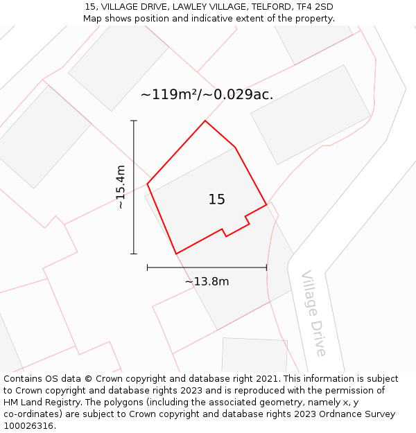 15, VILLAGE DRIVE, LAWLEY VILLAGE, TELFORD, TF4 2SD: Plot and title map