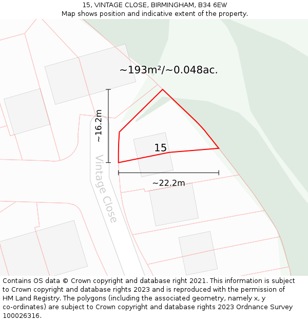 15, VINTAGE CLOSE, BIRMINGHAM, B34 6EW: Plot and title map