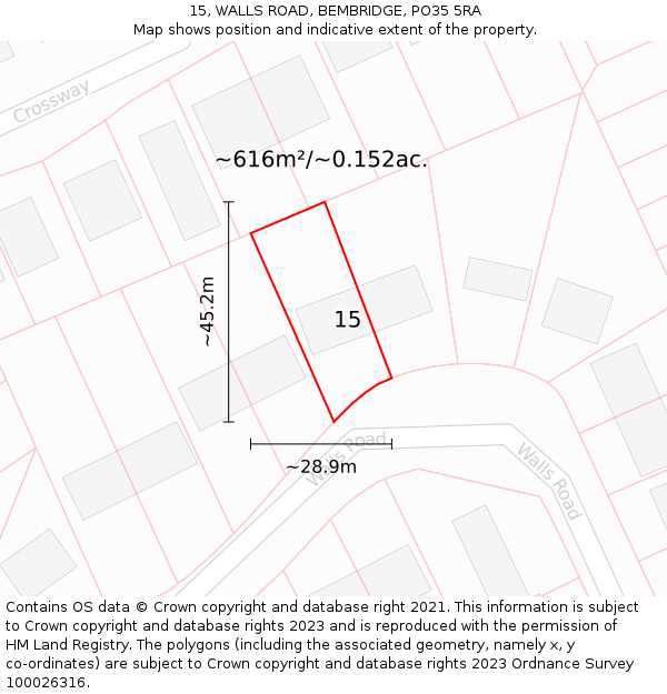 15, WALLS ROAD, BEMBRIDGE, PO35 5RA: Plot and title map