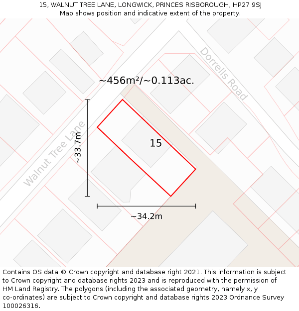 15, WALNUT TREE LANE, LONGWICK, PRINCES RISBOROUGH, HP27 9SJ: Plot and title map