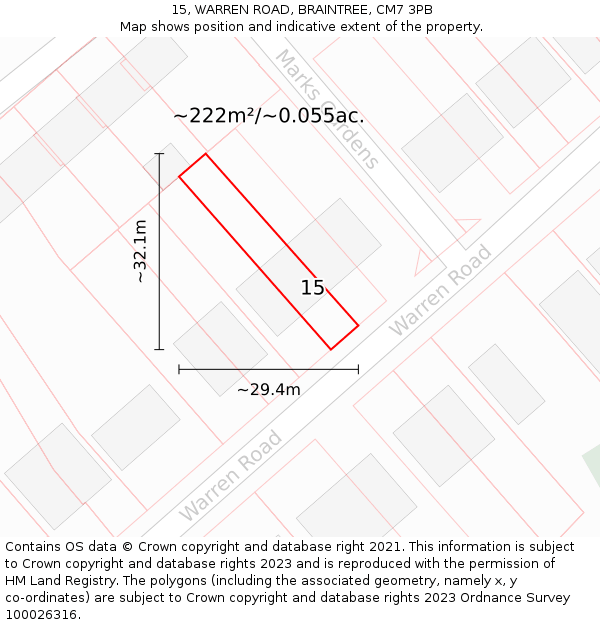 15, WARREN ROAD, BRAINTREE, CM7 3PB: Plot and title map