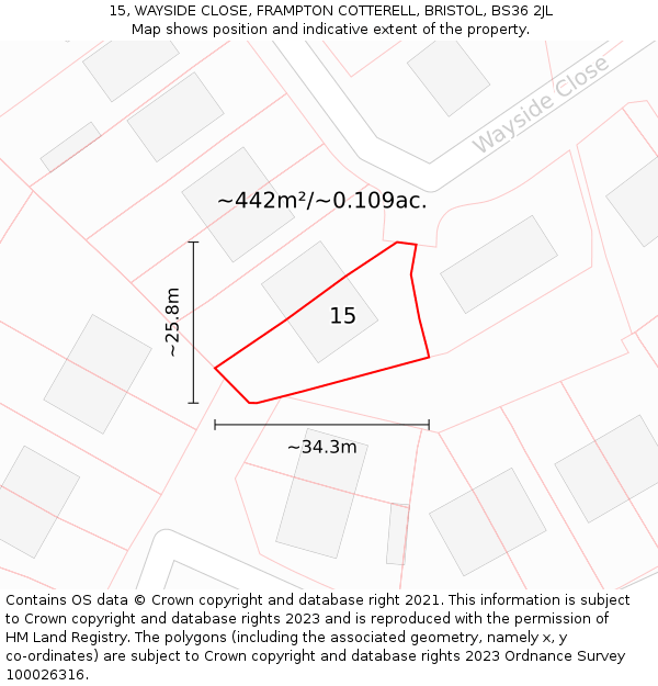 15, WAYSIDE CLOSE, FRAMPTON COTTERELL, BRISTOL, BS36 2JL: Plot and title map