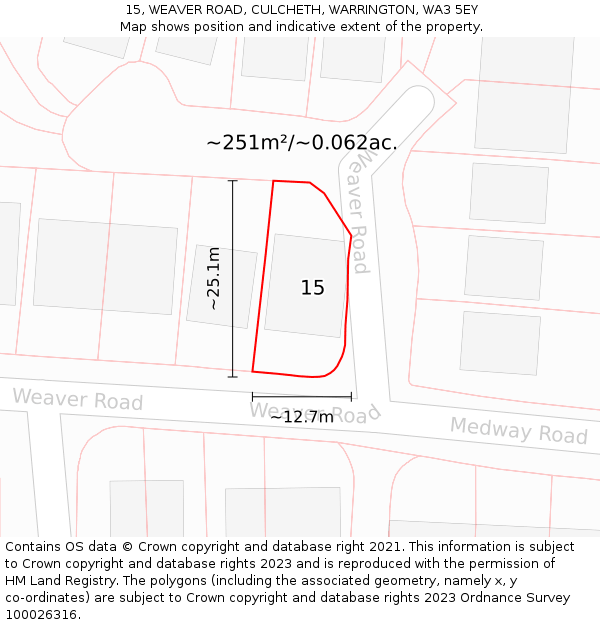 15, WEAVER ROAD, CULCHETH, WARRINGTON, WA3 5EY: Plot and title map