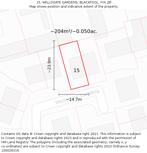 15, WELLOGATE GARDENS, BLACKPOOL, FY4 2JP: Plot and title map