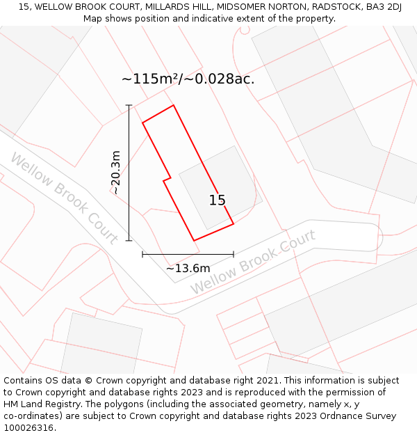 15, WELLOW BROOK COURT, MILLARDS HILL, MIDSOMER NORTON, RADSTOCK, BA3 2DJ: Plot and title map
