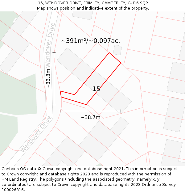 15, WENDOVER DRIVE, FRIMLEY, CAMBERLEY, GU16 9QP: Plot and title map