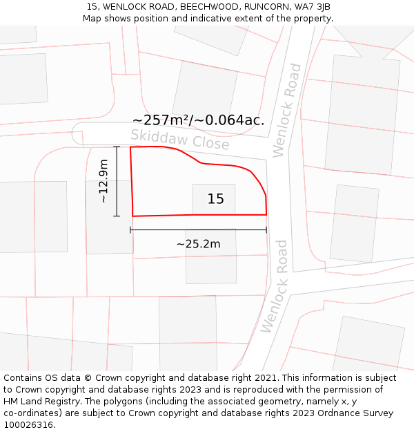 15, WENLOCK ROAD, BEECHWOOD, RUNCORN, WA7 3JB: Plot and title map