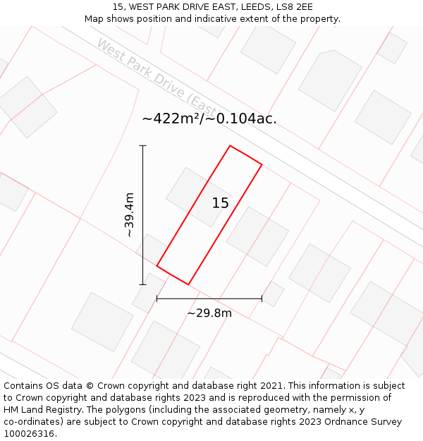 15, WEST PARK DRIVE EAST, LEEDS, LS8 2EE: Plot and title map