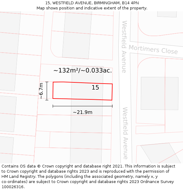 15, WESTFIELD AVENUE, BIRMINGHAM, B14 4PN: Plot and title map