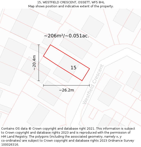15, WESTFIELD CRESCENT, OSSETT, WF5 8HL: Plot and title map
