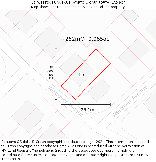 15, WESTOVER AVENUE, WARTON, CARNFORTH, LA5 9QP: Plot and title map