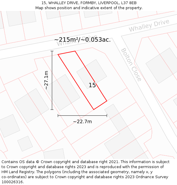 15, WHALLEY DRIVE, FORMBY, LIVERPOOL, L37 8EB: Plot and title map