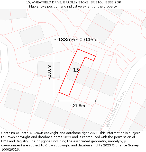 15, WHEATFIELD DRIVE, BRADLEY STOKE, BRISTOL, BS32 9DP: Plot and title map