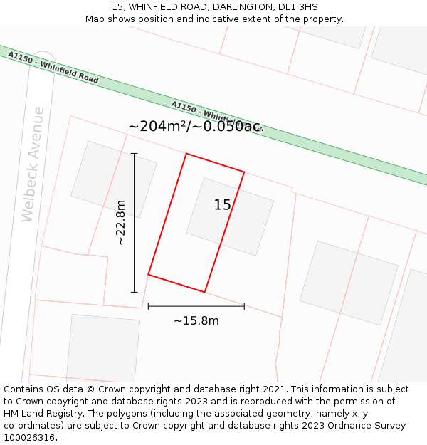 15, WHINFIELD ROAD, DARLINGTON, DL1 3HS: Plot and title map