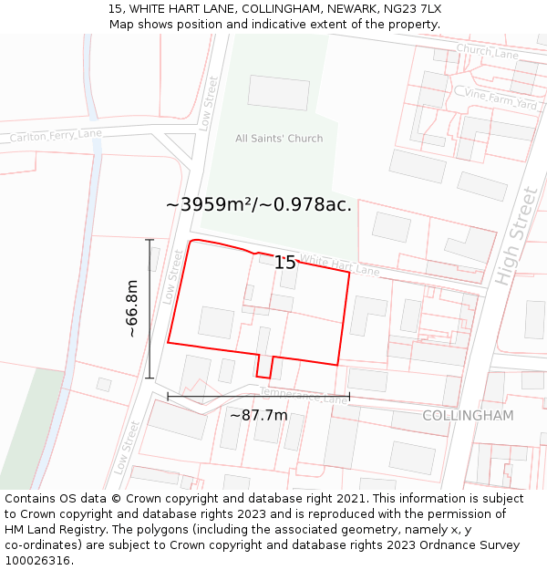 15, WHITE HART LANE, COLLINGHAM, NEWARK, NG23 7LX: Plot and title map