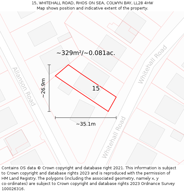 15, WHITEHALL ROAD, RHOS ON SEA, COLWYN BAY, LL28 4HW: Plot and title map