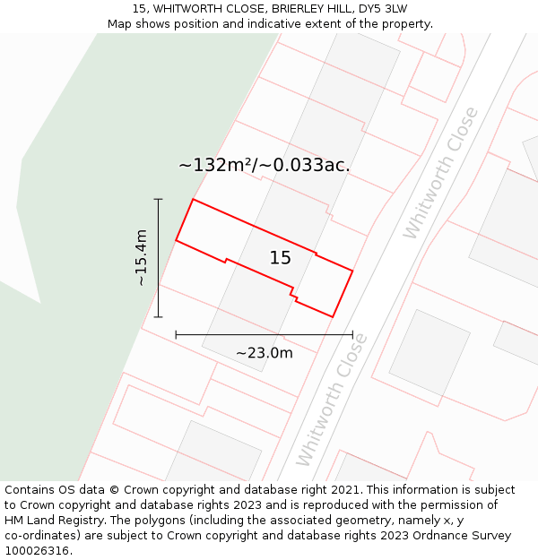 15, WHITWORTH CLOSE, BRIERLEY HILL, DY5 3LW: Plot and title map