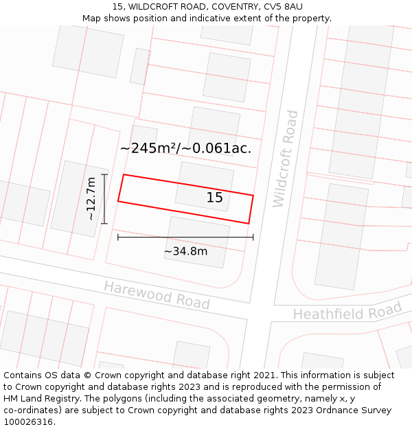 15, WILDCROFT ROAD, COVENTRY, CV5 8AU: Plot and title map