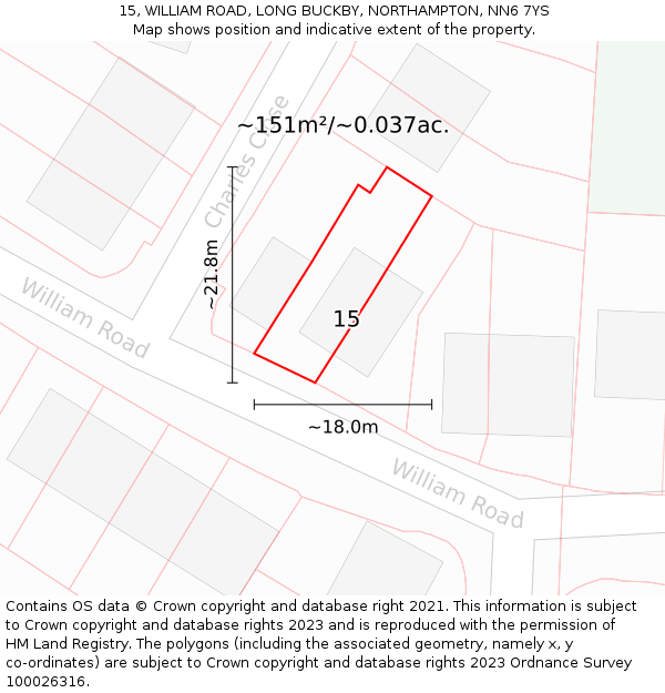 15, WILLIAM ROAD, LONG BUCKBY, NORTHAMPTON, NN6 7YS: Plot and title map