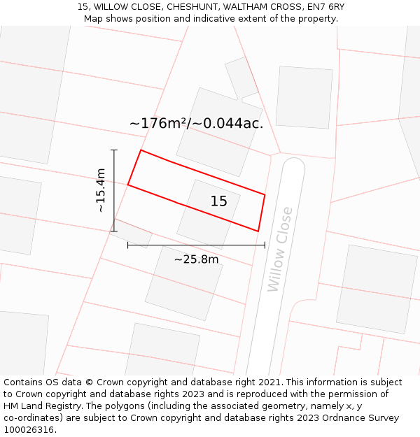 15, WILLOW CLOSE, CHESHUNT, WALTHAM CROSS, EN7 6RY: Plot and title map