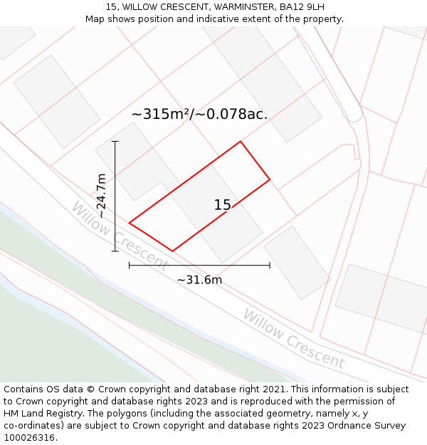 15, WILLOW CRESCENT, WARMINSTER, BA12 9LH: Plot and title map
