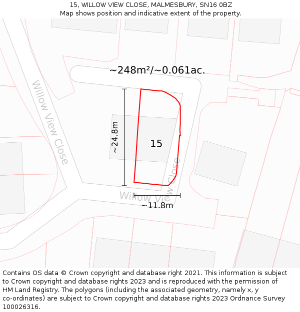 15, WILLOW VIEW CLOSE, MALMESBURY, SN16 0BZ: Plot and title map