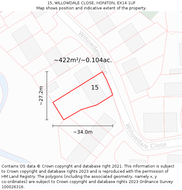 15, WILLOWDALE CLOSE, HONITON, EX14 1UF: Plot and title map