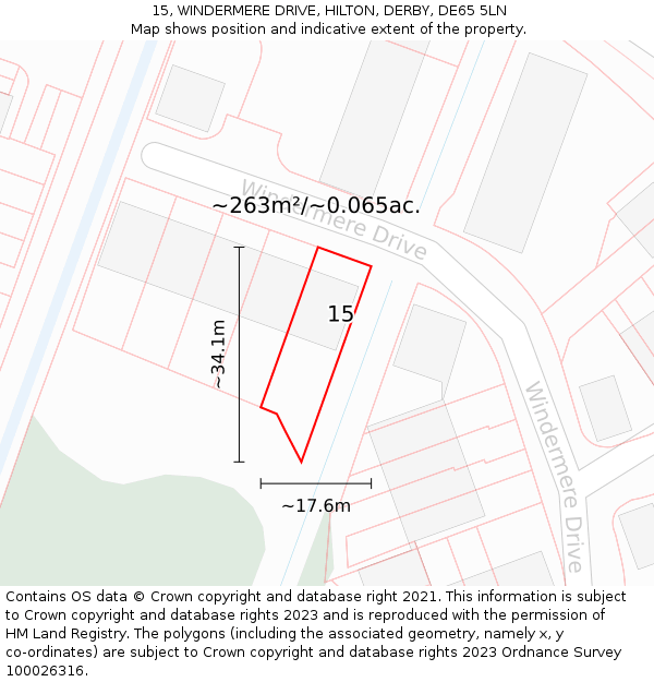 15, WINDERMERE DRIVE, HILTON, DERBY, DE65 5LN: Plot and title map