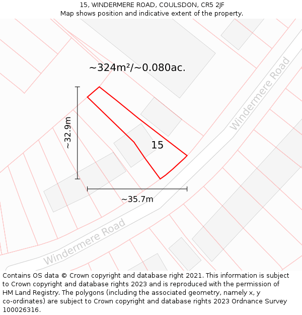 15, WINDERMERE ROAD, COULSDON, CR5 2JF: Plot and title map