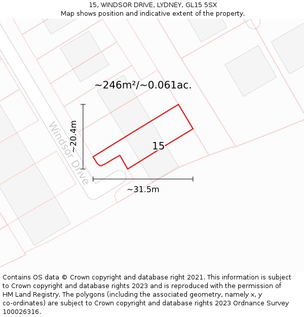 15, WINDSOR DRIVE, LYDNEY, GL15 5SX: Plot and title map