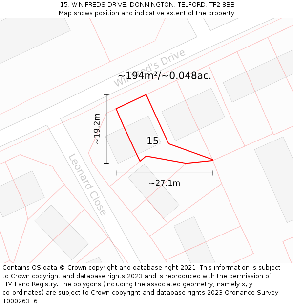 15, WINIFREDS DRIVE, DONNINGTON, TELFORD, TF2 8BB: Plot and title map