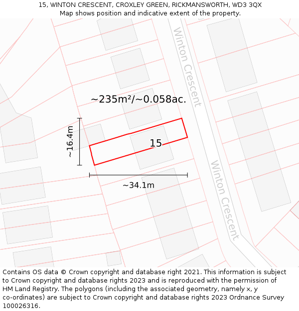 15, WINTON CRESCENT, CROXLEY GREEN, RICKMANSWORTH, WD3 3QX: Plot and title map