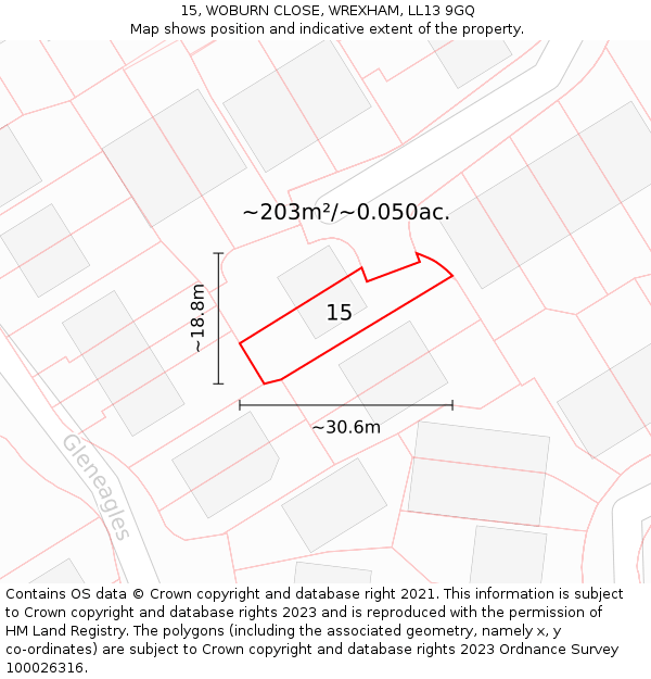 15, WOBURN CLOSE, WREXHAM, LL13 9GQ: Plot and title map