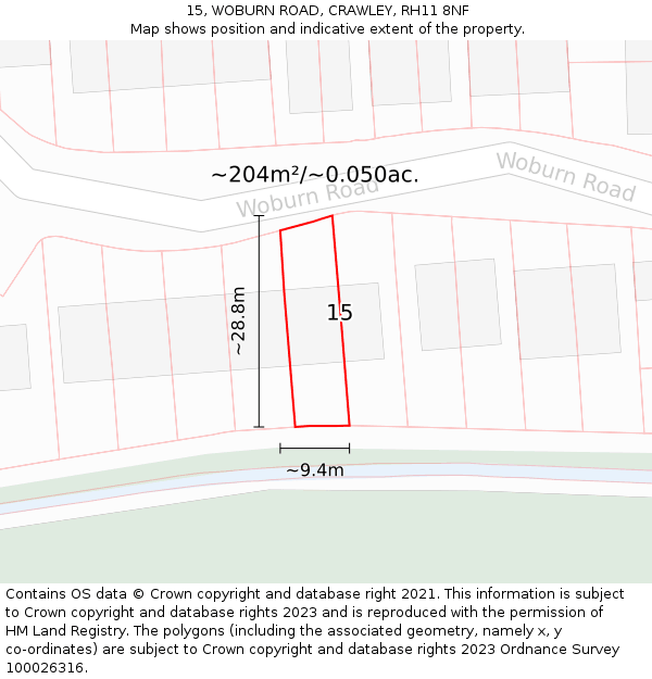 15, WOBURN ROAD, CRAWLEY, RH11 8NF: Plot and title map