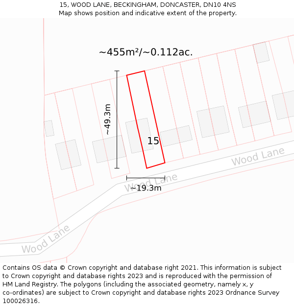 15, WOOD LANE, BECKINGHAM, DONCASTER, DN10 4NS: Plot and title map