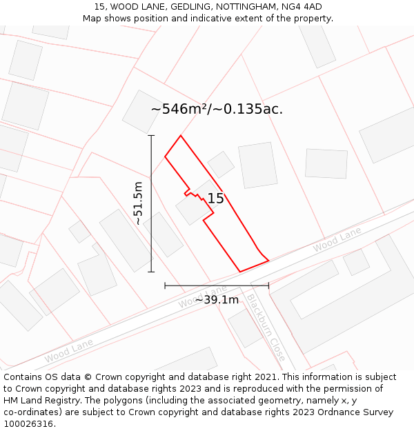 15, WOOD LANE, GEDLING, NOTTINGHAM, NG4 4AD: Plot and title map