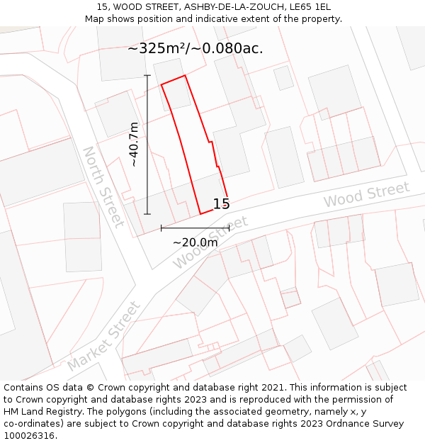 15, WOOD STREET, ASHBY-DE-LA-ZOUCH, LE65 1EL: Plot and title map