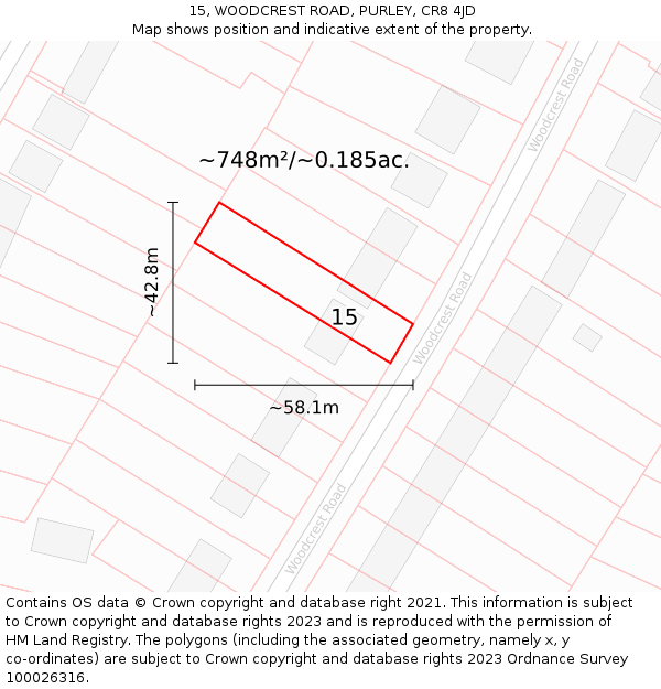 15, WOODCREST ROAD, PURLEY, CR8 4JD: Plot and title map