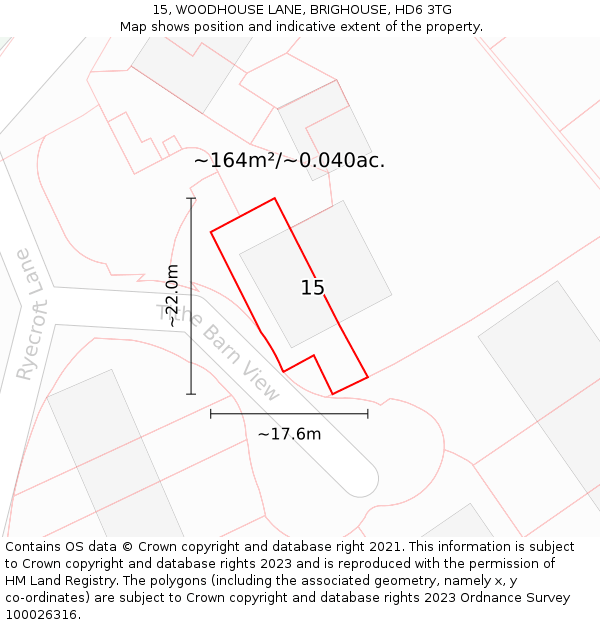 15, WOODHOUSE LANE, BRIGHOUSE, HD6 3TG: Plot and title map