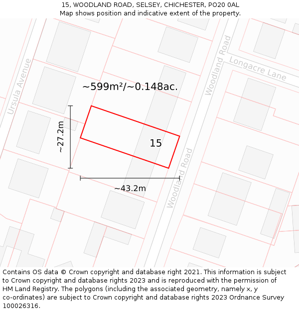 15, WOODLAND ROAD, SELSEY, CHICHESTER, PO20 0AL: Plot and title map