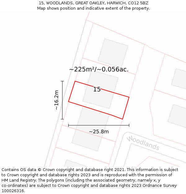 15, WOODLANDS, GREAT OAKLEY, HARWICH, CO12 5BZ: Plot and title map