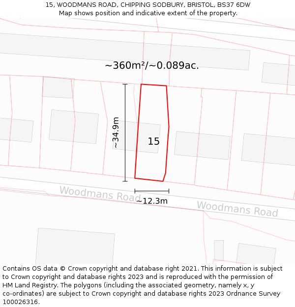 15, WOODMANS ROAD, CHIPPING SODBURY, BRISTOL, BS37 6DW: Plot and title map