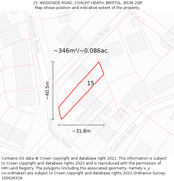 15, WOODSIDE ROAD, COALPIT HEATH, BRISTOL, BS36 2QR: Plot and title map