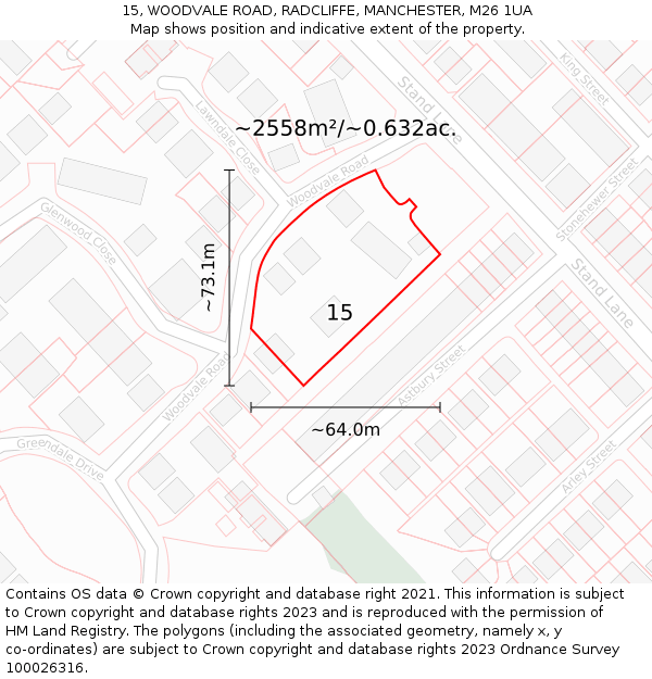 15, WOODVALE ROAD, RADCLIFFE, MANCHESTER, M26 1UA: Plot and title map