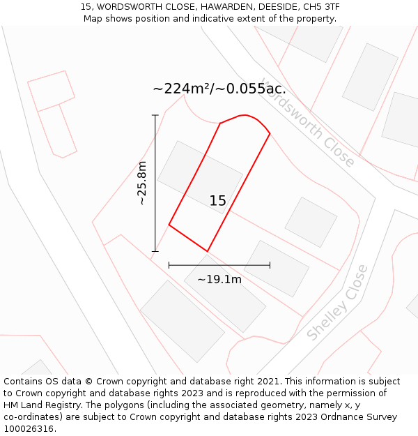 15, WORDSWORTH CLOSE, HAWARDEN, DEESIDE, CH5 3TF: Plot and title map